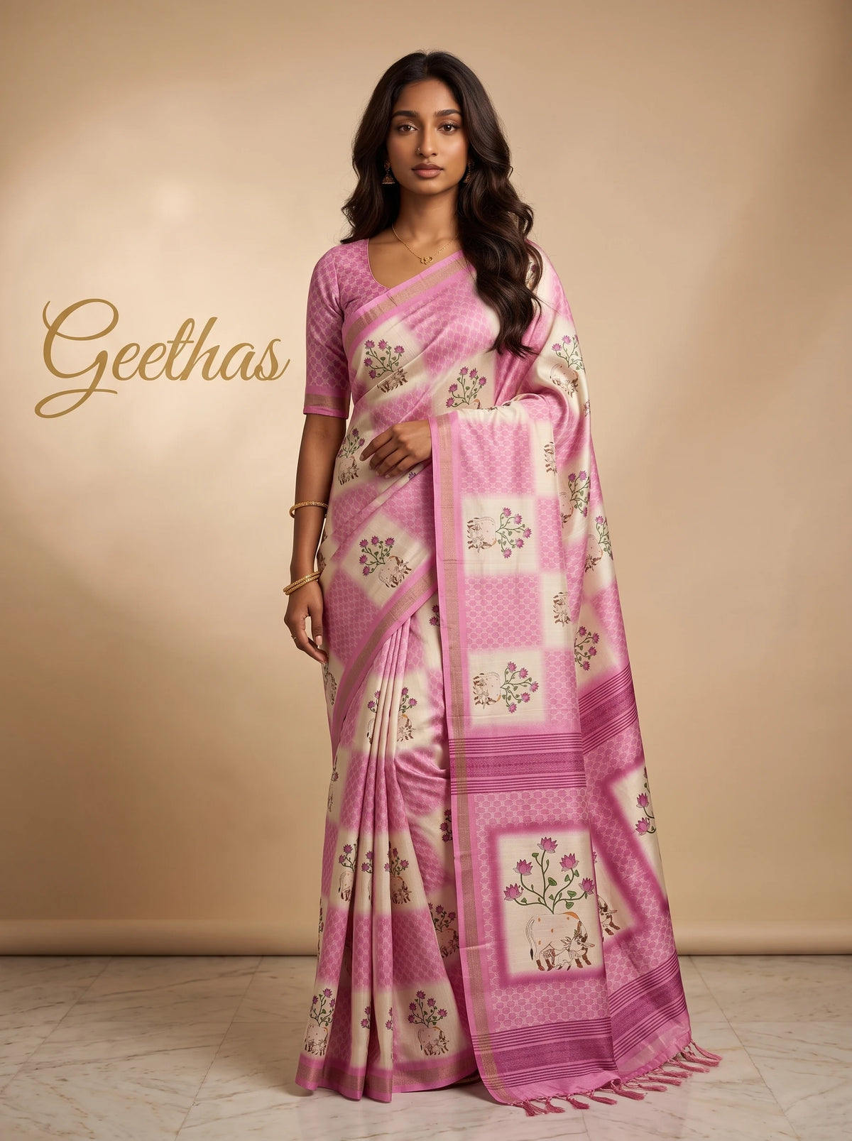 Model wearing a white and pink slub linen saree with lotus floral and traditional cow motif print