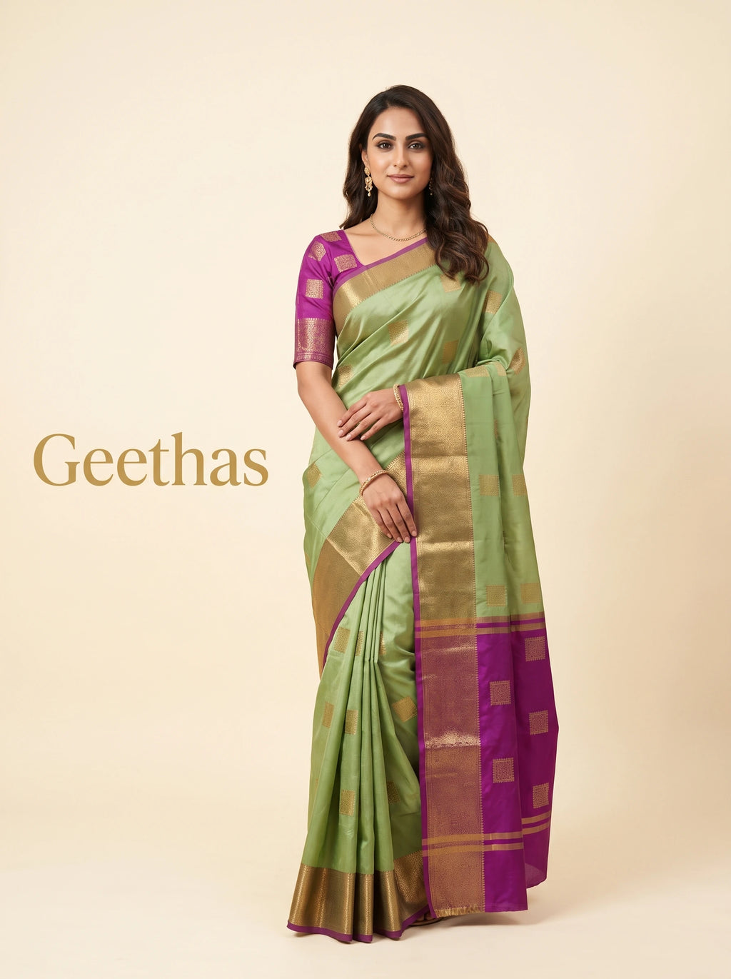 Model wearing pista green semi silk saree with gold-toned woven motifs, paisley border and magenta edging