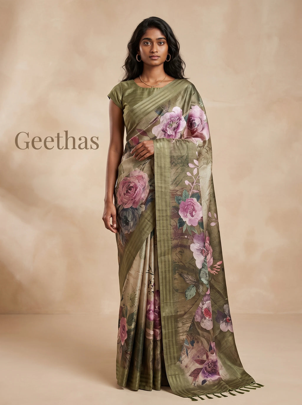 Model wearing an olive green floral printed semi tussar saree with a striped pallu border