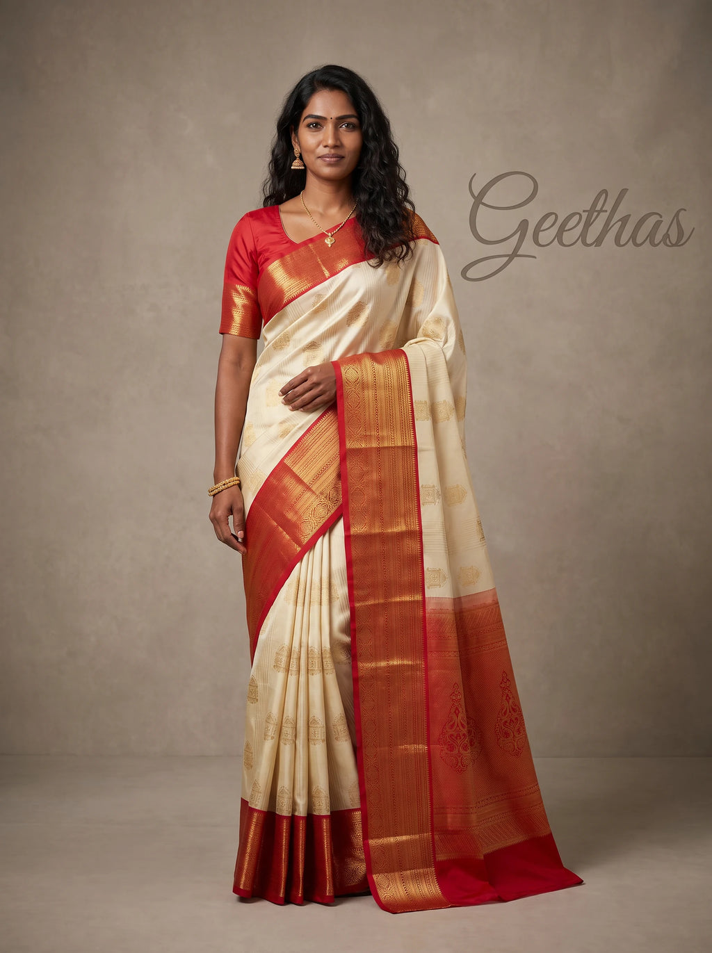 Model wearing a cream soft silk saree with gold-toned woven motifs, red border and red pallu