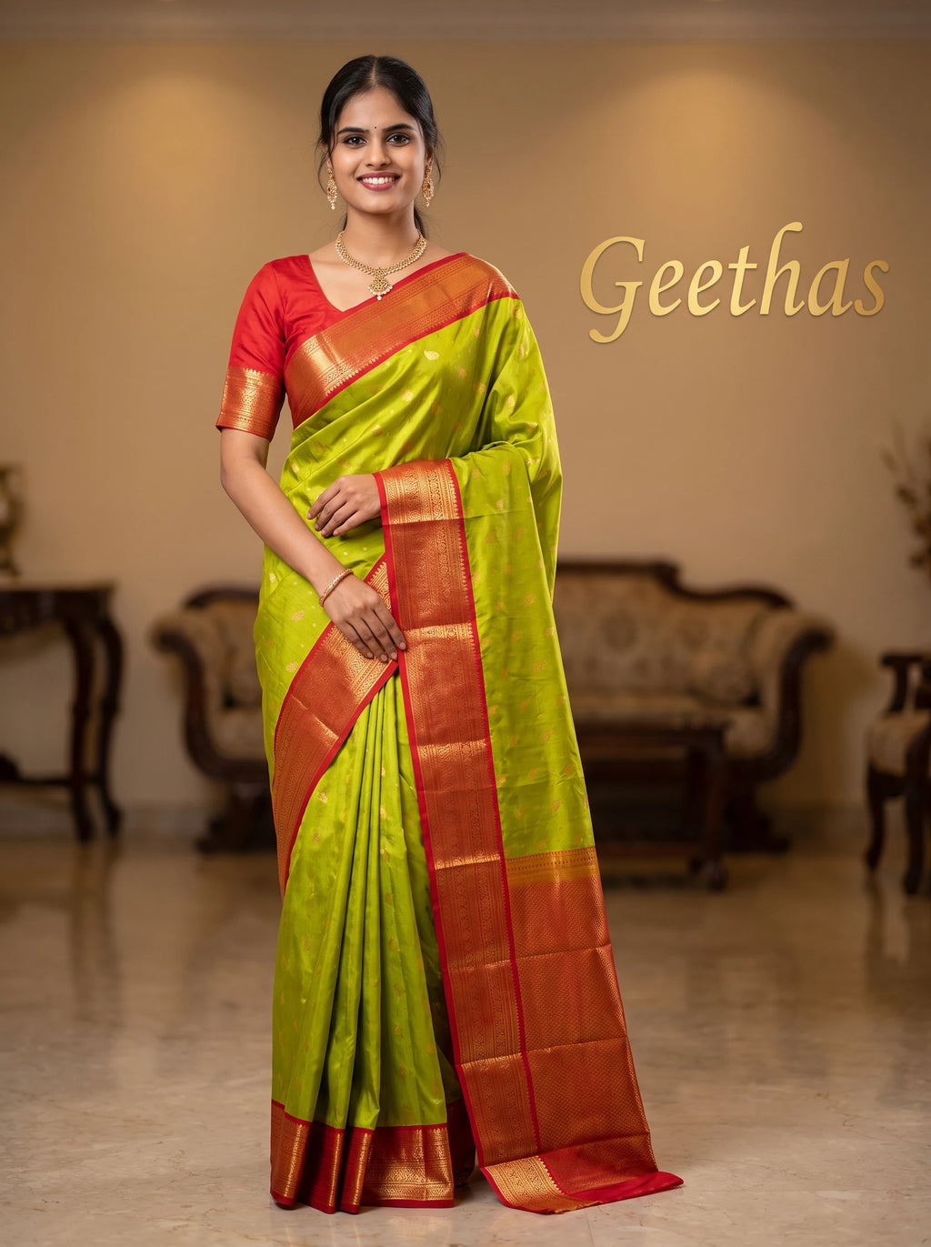 Model wearing a bright olive soft silk saree with gold motifs and a contrasting red gold-patterned border