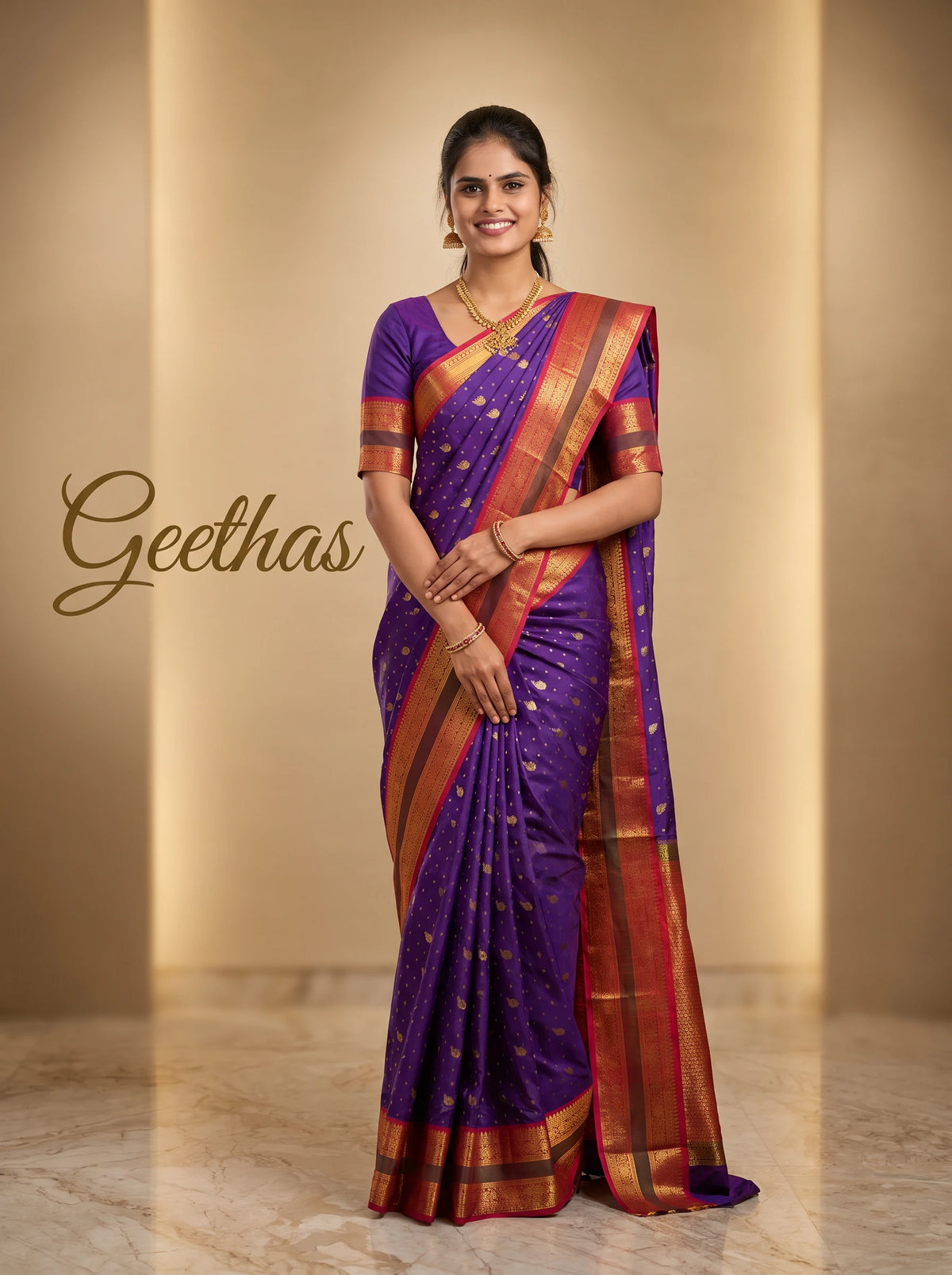 Model wearing a violet soft silk saree with scattered gold-toned motifs and a magenta woven border.