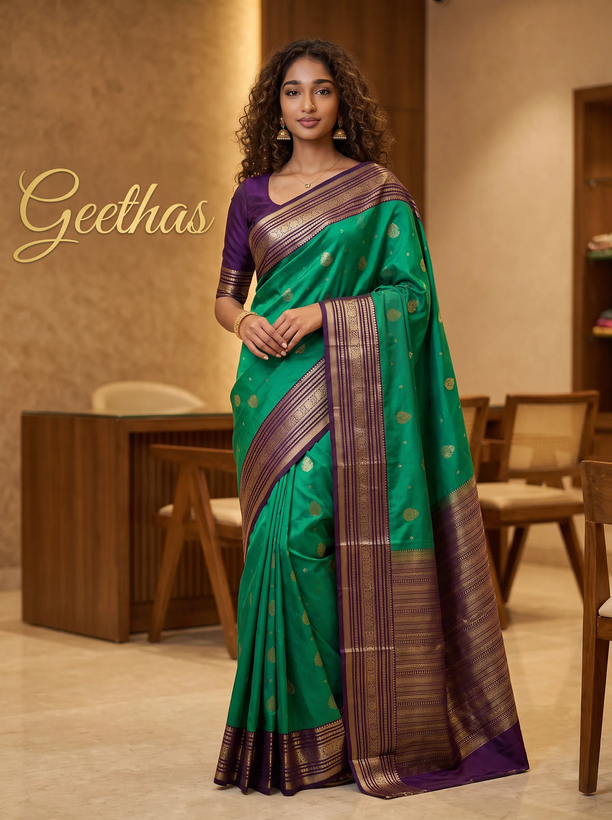 Model wearing an emerald green soft silk saree with gold-toned motifs and a purple zari border