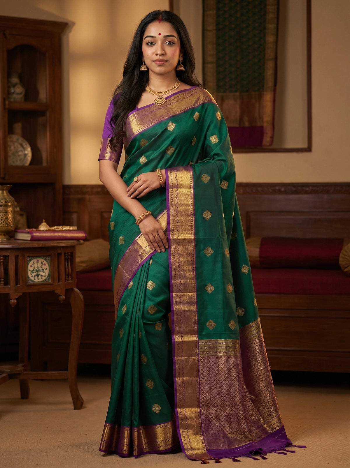 Bottle Green Diamond Butta Soft Silk Saree