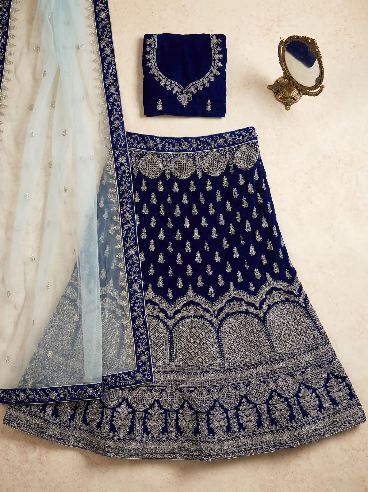 Bridal Royal Blue Semi-Stitched Velvet Heavy Embroidered Lehenga Set