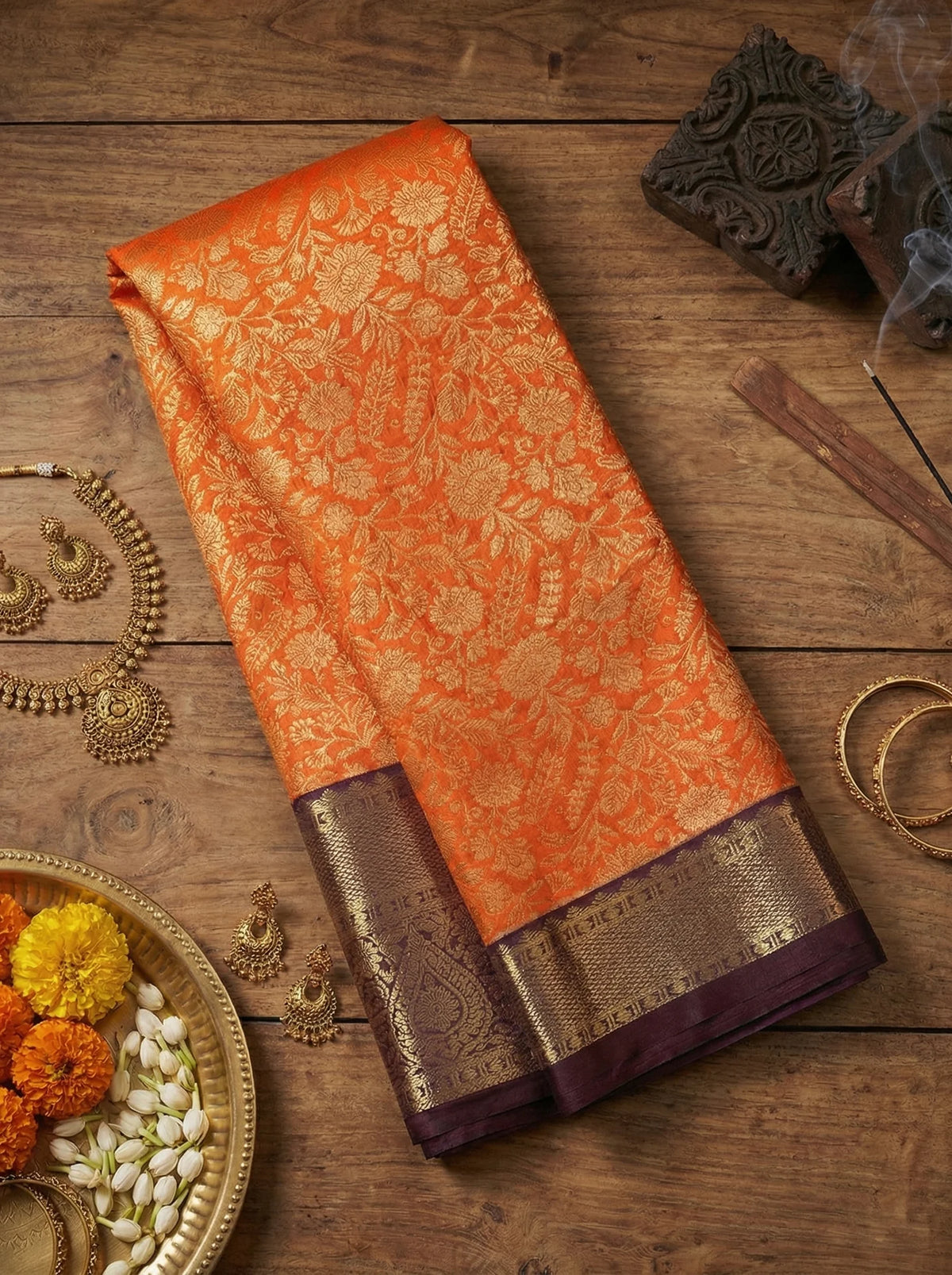 Vermilion Orange Floral Jaal Bridal Semi Silk Saree
